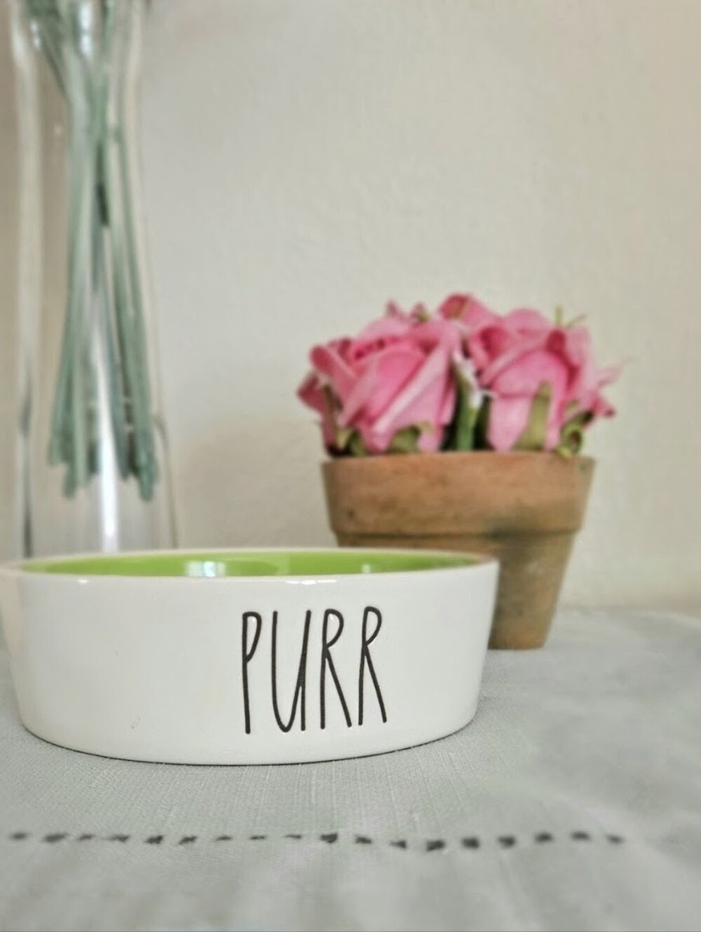 Rae Dunn White Ceramic Cat Bowl with Green Interior - PUURR